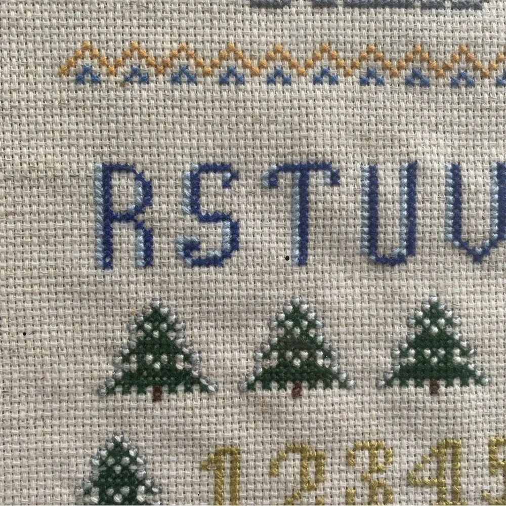 Hand Stitched Needlepoint Alphabet Nature Sampler Handmade Kitschy Y2K Wall Hang